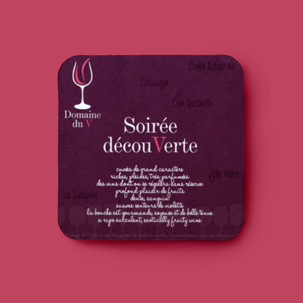 carton d'invitation pour une soirée découverte dans une cave servant également de dessous de verre