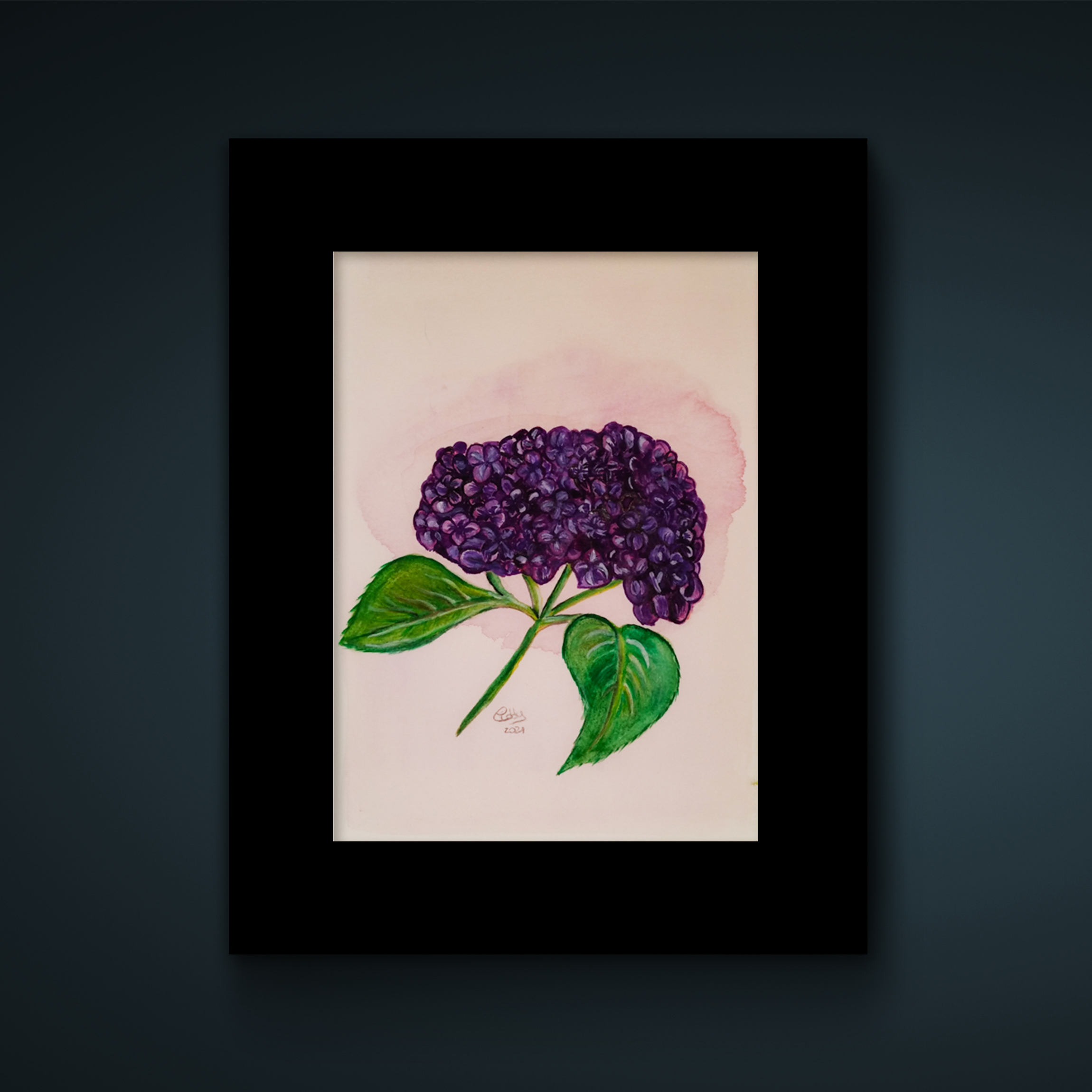 cadre noir et brin d'hortensia violet dessiné à l'aquarelle