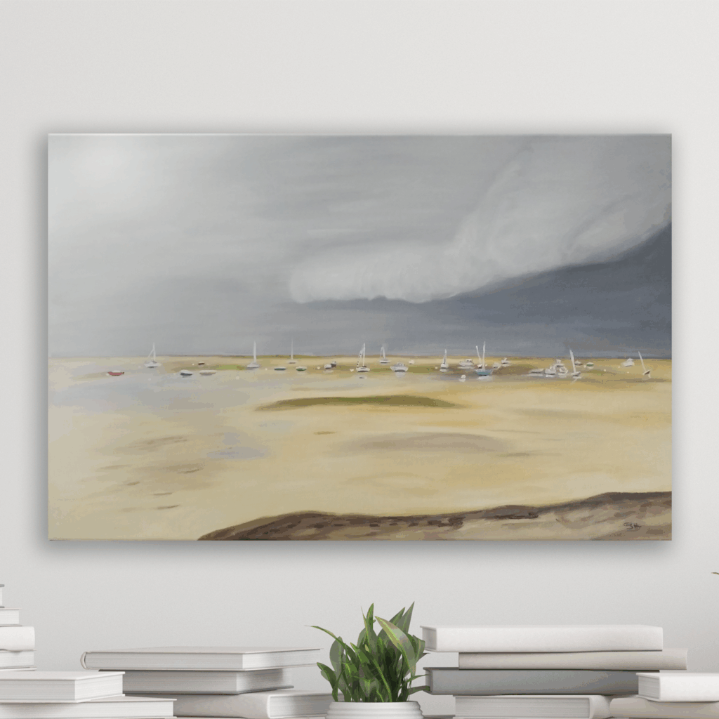 peinture à l'huile présentant des bateaux à marée basse en Bretagne
