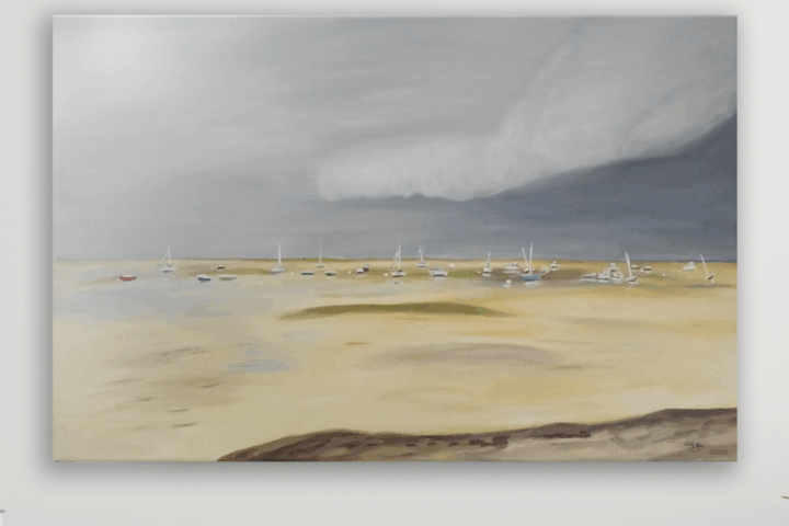 peinture à l'huile présentant des bateaux à marée basse en Bretagne
