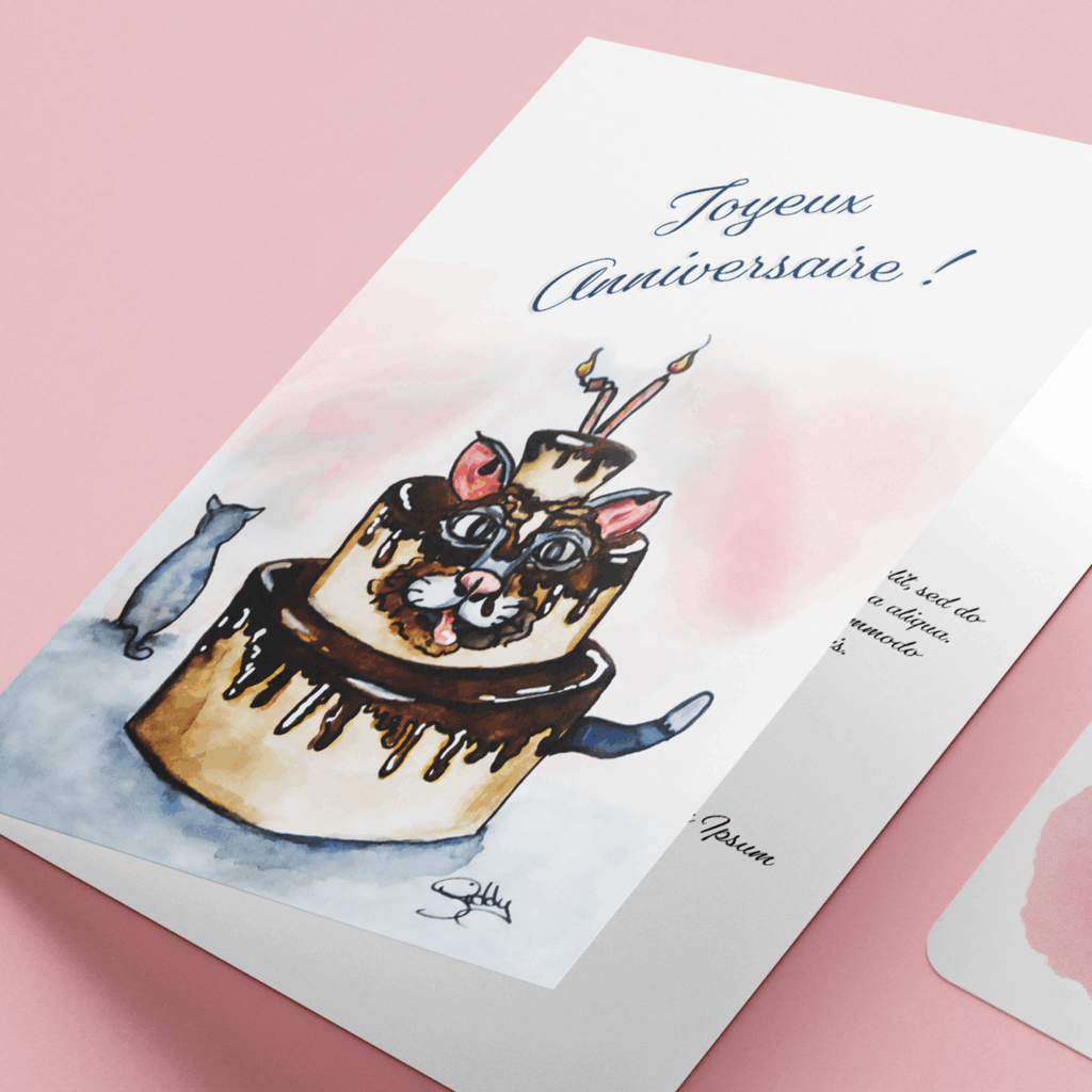 dessin aquarelle de chat sur carte d'anniversaire