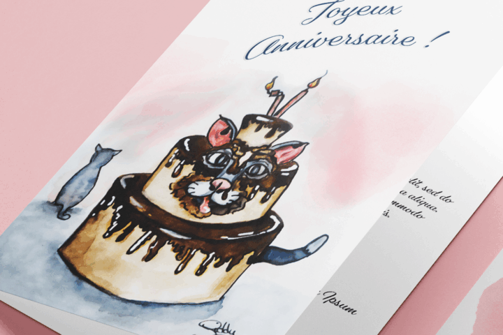 dessin aquarelle de chat sur carte d'anniversaire