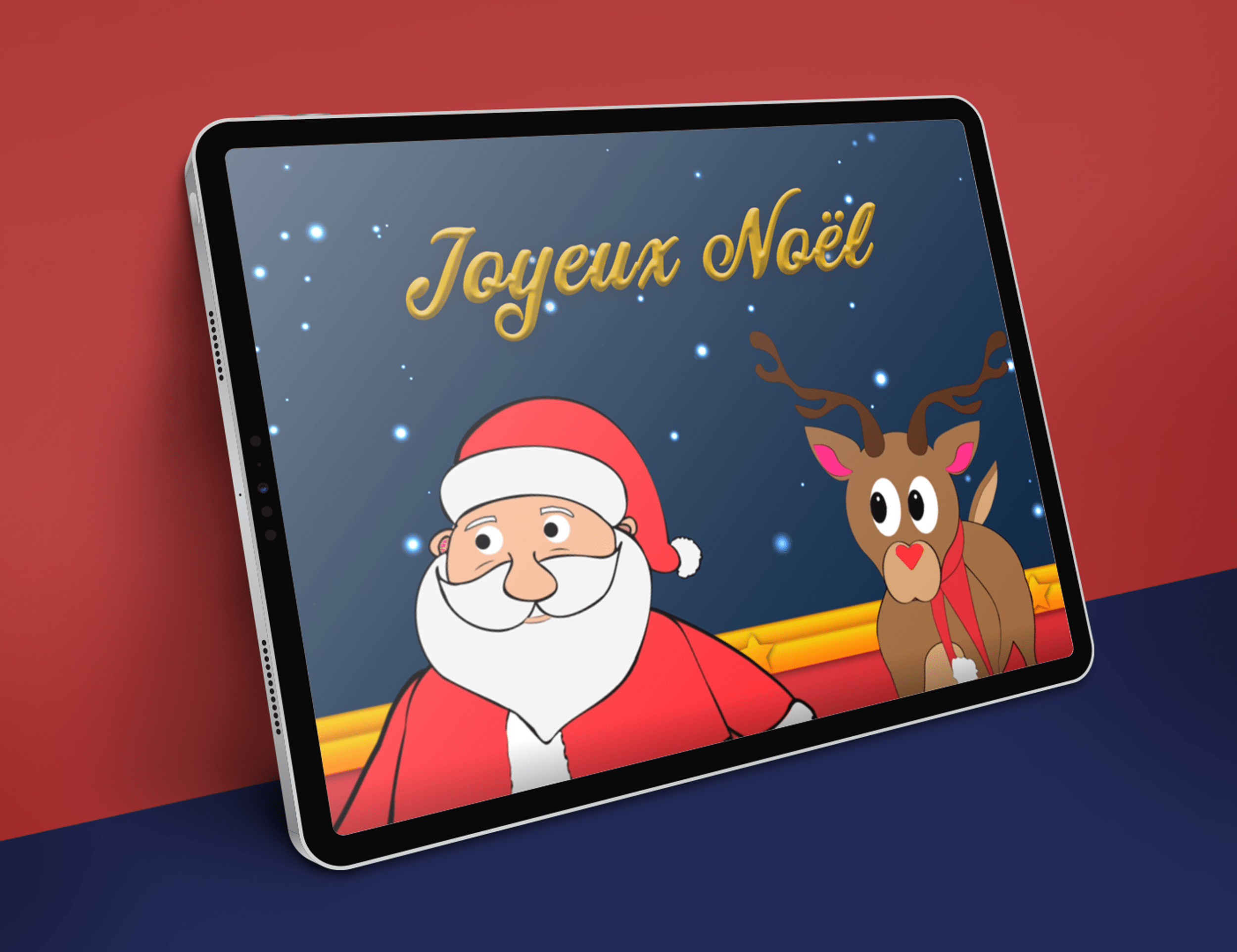 dessin de père noël et d'un rêne pour un dessin animé de noël