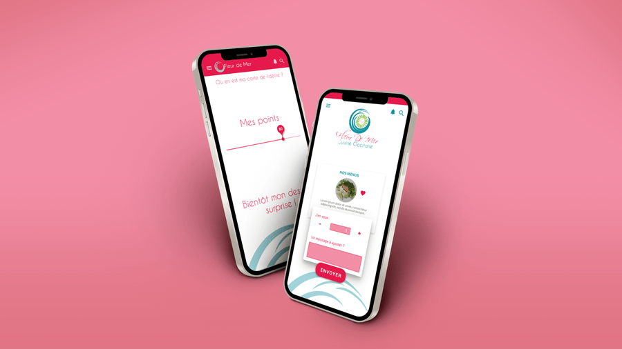 téléphone portable avec écrans d'application rose et bleu. Champs large et fond rose