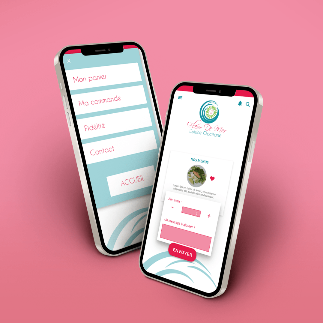 téléphone portable avec écrans d'application rose et bleu.