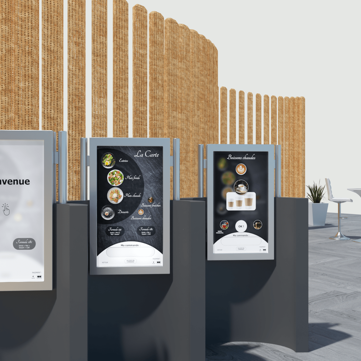 simulation 3D d'entrée de restaurant avec écrans digitaux de commande