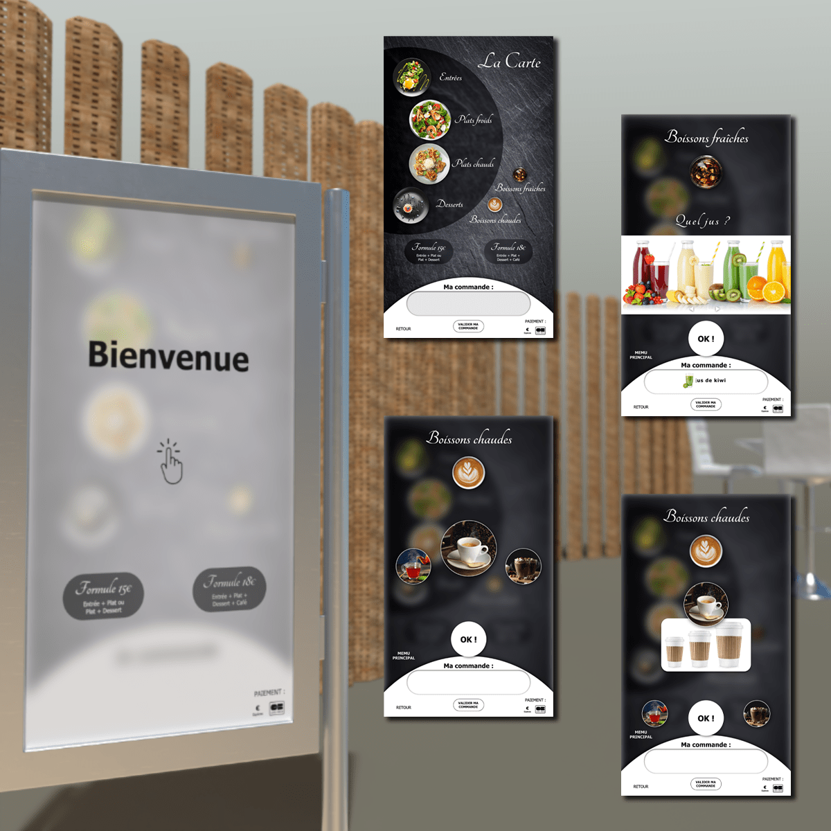 Borne de commande tactile en restaurant avec 4 écrans différents