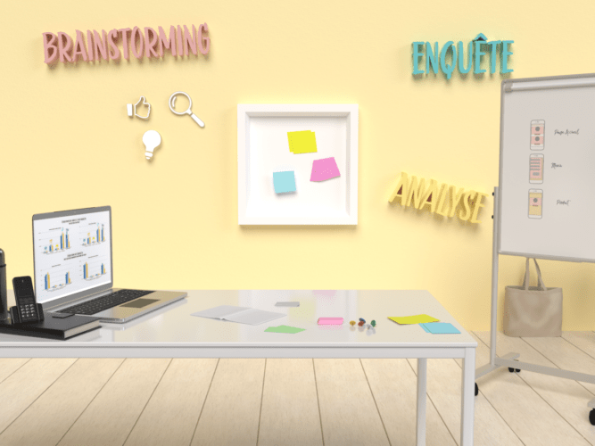 photo de bureau présentant des agenda, tableau, post-it, tablette, portable et ordinateur pour illustrer l'analyse en UX